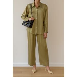 Vintage Anne Klein II Set Button Down Wide Leg Satin Pants Large 12 Lime Green